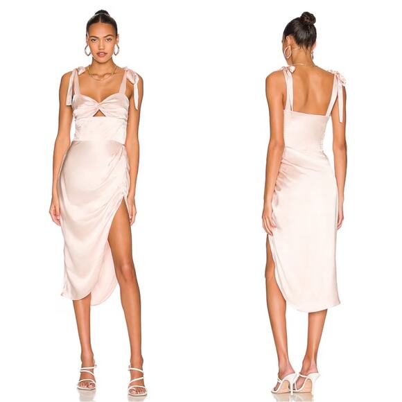 Amanda Uprichard Bliss Ruched Tie Strap Asymmetrical Blush Pink Midi Dress Sz S - Picture 1 of 9